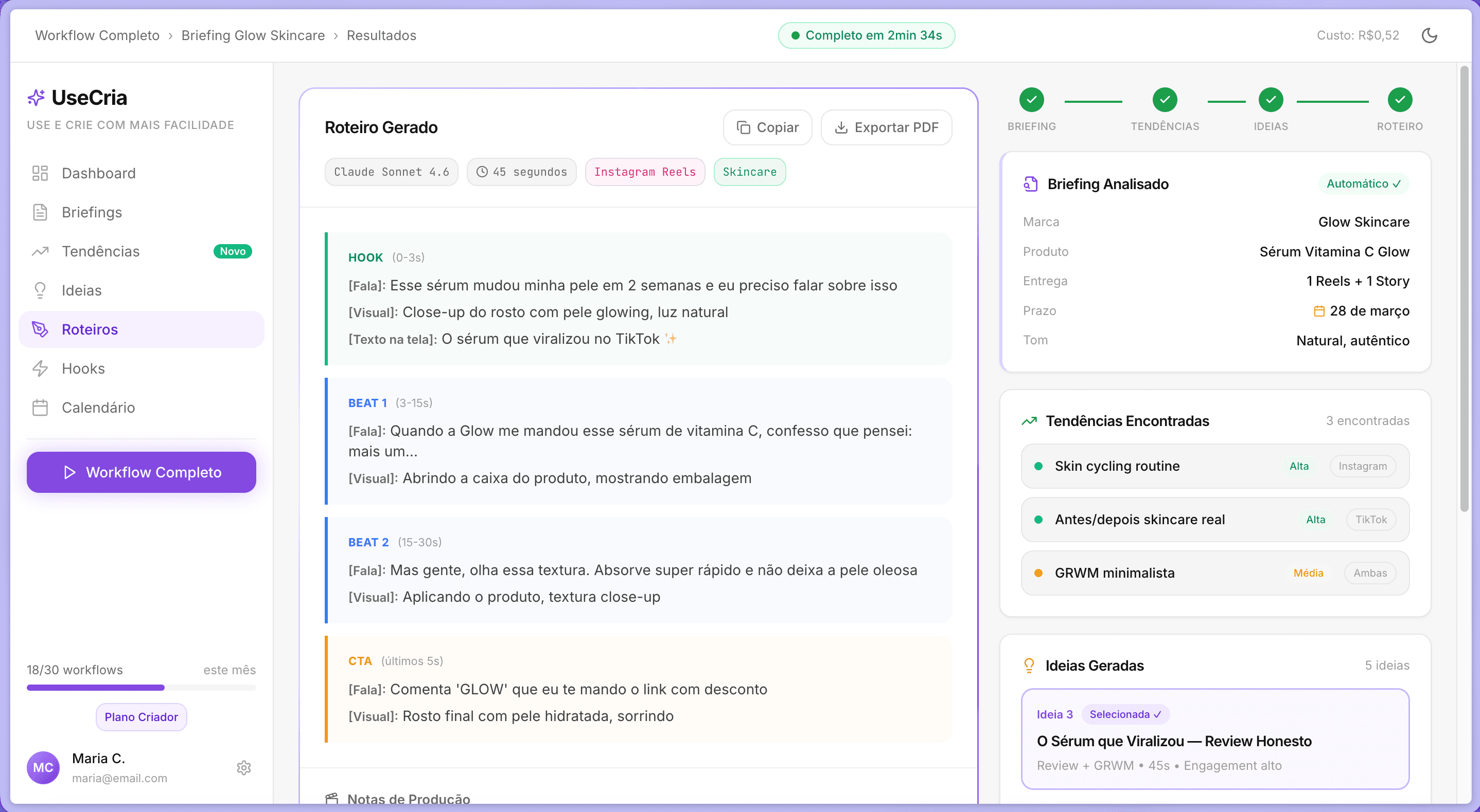 Painel da UseCria mostrando roteiro gerado por IA